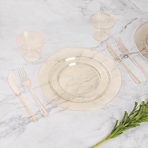Goodluck 700 Piece Gold Glitter Plastic Dinnerware Set for 100 Guests, Disposable Plates for Party, Include: 100 Dinner Plates, 100 Dessert Plates, 100 Pre Rolled Napkins with Silverware, 100 Cups - color: Gold Glitter, style: 700 Piece (100 guests)