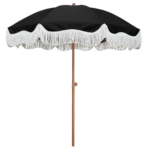 AMMSUN Boho Fringe Umbrella Outdoor Patio, 6.5ft UPF50+ Picnic Umbrella with Tassels with Steel Pole and Push Button Tilt, Noble Black - color: Noble Black