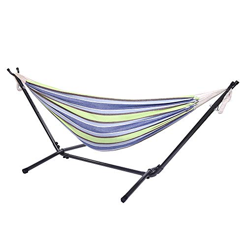 Double Hammock with Steel Stand, Adjustable Hammock Bed,Portable Outdoor Polyester Hammocks Set,2-Person Heavy-Duty Hammocks for Camping Garden Backyard Patio,250lbs Capacity (Green Stripe) - color: Green Stripe