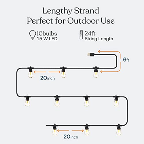 Brightech Ambience Pro USB Powered String Lights - 24 Ft Commercial Grade Waterproof String Lights - Outdoor Shatterproof Patio Lights for Camping, Backyard, Porch, Christmas - 1W 12 Bulbs, Warm White - color: (2700K) Warm White