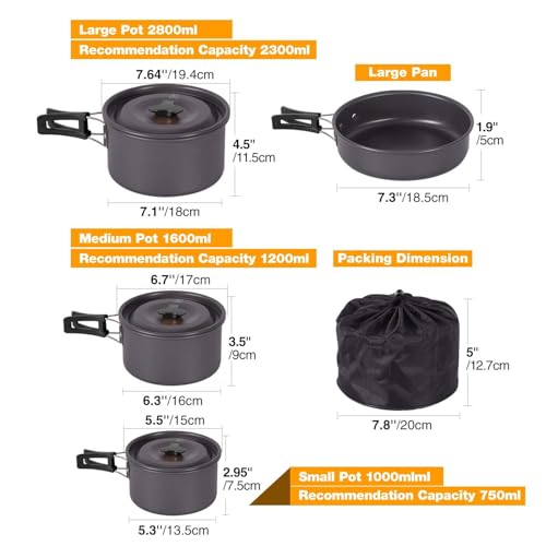REDCAMP 6/10/11/12/14/15/19 PCS Camping Cookware Mess Kit Camping Gear Campfire Utensils Lightweight Stackable Pot Pan Bowls Soup Spoon with Storage Bag for Camping, Backpacking, Outdoor Cooking - style: Black,19 Pcs