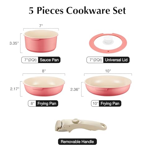 IKTU Ceramic Pots and Pans Set Non Stick Pink, 5Pcs Nonstick Cookware Set with Detachable Handle RV Camping Induction Kitchen Cookware Set Non Stick, PFAS PFOA & PTFE Free - color: Coral Pink