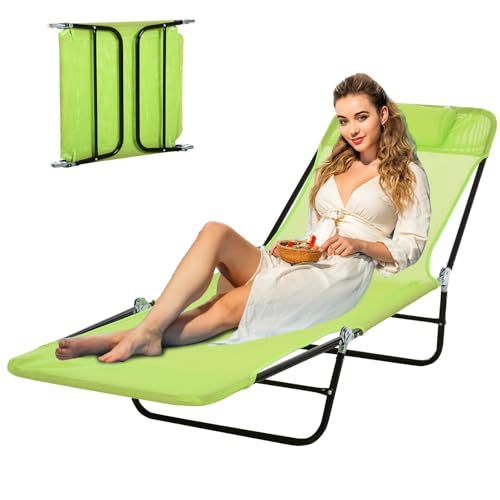 Majnesvon Outdoor Tanning Chair with Pillow, Folding Chaise Lounge Chair with Adjustable Backrest, Portable Lay Flat Beach Lounge Chairs for Sunbathing Poolside Patio Lawn Camping(Green 2) - color: Green 2