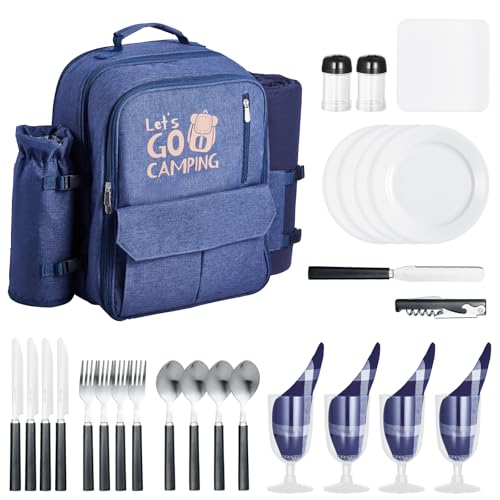 VEVOR Picnic Backpack, Beach Picnic Backpack Bag for 4 Person with Insulated Cooler Compartment, Detachable Bottle/Wine Holder, Lightweight Blanket, Plates and Cutlery Set for Outdoor, Navy Blue - size: single layer for 4 & blue
