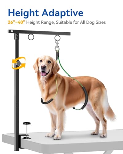 Adjustable Foldable Dog Grooming Arm with Clamp, 26–40 in Height, Safety Hammock & No-Sit Holders, Grooming Restraint for Small & Medium Dogs
