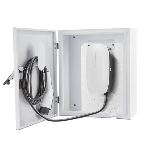Electric Vehicle Car Charger Cover Protector Compatible with Tesla, Wall Charging Station Box Indoor/Outdoor, Cable Cord Holder, Double Locks, EV Charger Enclosure for EV Charger, White