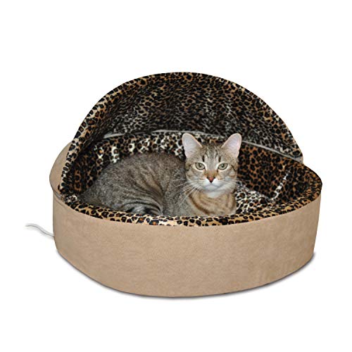 K&H Pet Products Thermo-Kitty Bed Deluxe Heated Cat Bed for Smaller Kitties - Indoor Heated Pet Bed for Dogs & Cats, Covered Cave Pet Tent, Machine Washable, Safety Listed - Small 16in Tan/Leopard - color: Tan, size: Small 16 Inches 4 Watts