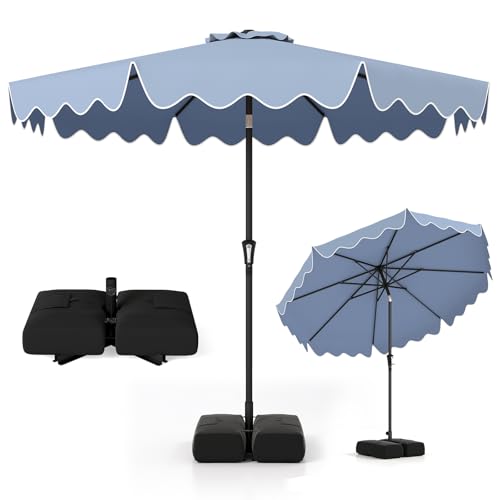 Tangkula 9 FT Patio Umbrella with Base Included, 2-Tiers Outdoor Scalloped Table Umbrella with 2 Sandbags, Tilt Adjustment, Crank, 8 Ribs for Market Backyard Pool Deck Beach Lawn - color: Navy, size: 9 FT