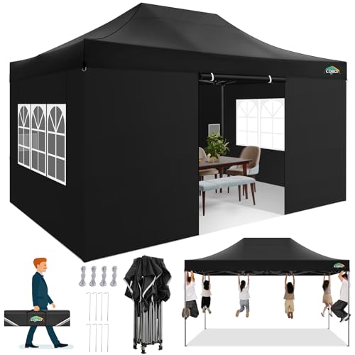 COBIZI 10x15 FT Heavy Duty Pop up Canopy with 4 Removable Sidewalls, Easy up Gazebo High Stability, All Weather Sunshade 100% Waterproof Outdoor Canopy Tents with Carry Bag, Black - color: Black, size: 10x15 with 4 sidewalls
