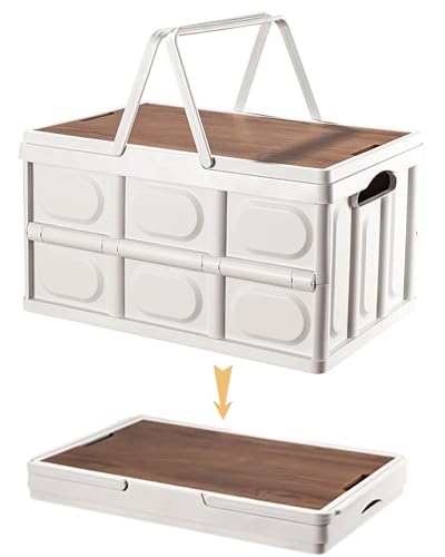 30L Collapsible Picnic Basket Foldable Folding Camping Box with Lid and Handle Collapsible Storage Bin with Waterproof Fabric Plastic Waterproof Storage Basket for Camping Picnic Home Outdoor, White