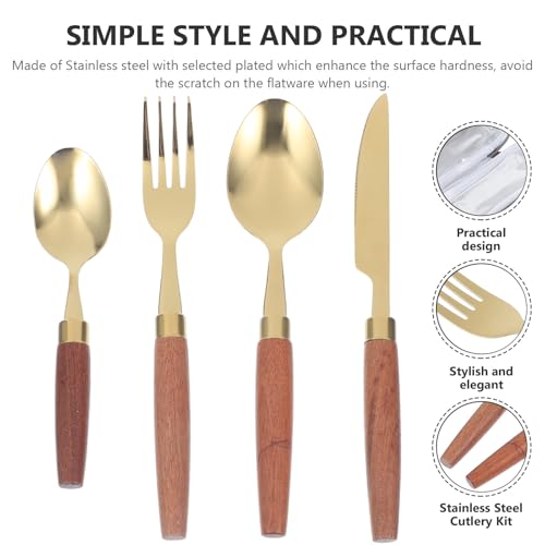 MAGICLULU Vintage Wood Handle Camping Cutlery Set 4pcs Stainless Steel Flatware Kit with Gold-grey Carry Bag for Outdoor Picnic and Hiking