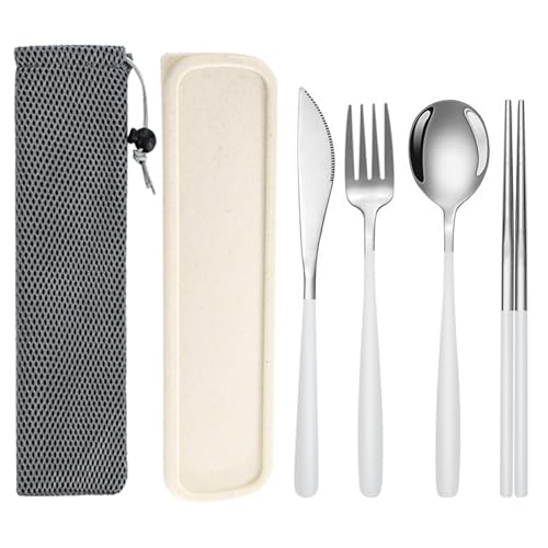 Travel Utensils With Case, 6Pcs Forks Spoons Knife Chopsticks Reusable Cutlery Set, Stainless Steel Flatware Set, Portable Silverware for Camping Picnic Work School, Dishwasher Safe (Silver) - color: Silver