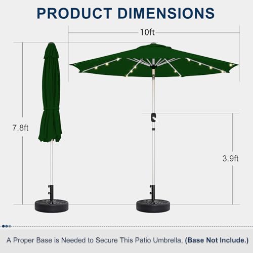 10FT 40-LED Solar Lighted Aluminum Patio Umbrella, Fade-Resistant Outdoor Market Table Umbrella with Push Button Tilt Function, 8 Sturdy All-Aluminum Ribs for Gardens, Decks, Backyards & Pools - color: Green, size: 10FT 40LED-1Tier (Aluminum Umbrella)