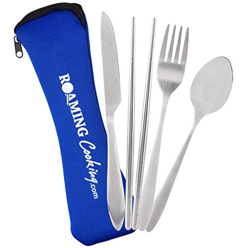 Reusable Travel Utensils with Case | Fork and Spoon Set with Knife, Chopsticks and Optional Reusable Straw– Office, Travel, or Camping Accessories| Lightweight Sturdy Reusable Utensils - color: 4pc Set - Blue