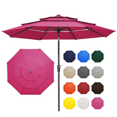 JEAREY 9FT 3 Tier Patio Umbrella Outdoor Market Umbrella Table Umbrellas with 8 Ribs 1.5 Pole Push Button Tilt and Crank UV Protection for Garden,Backyard,Pink - color: Pink