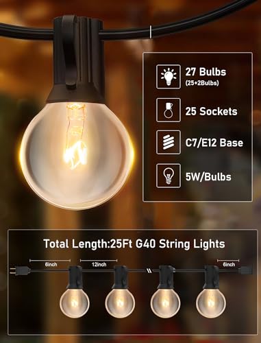 25FT String Lights, G40 Outdoor String Lights Edison Light Bulbs Clear Globe Lights for Backyard Patio Lights Indoor/Outdoor Commercial Decoration -5 Watt/120 Voltage/E12 Base -Black Wire - color: 25FT Black, size: 25 Feet
