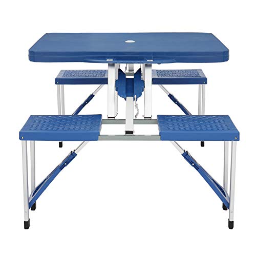 Folding Picnic Table with Umbrella Hole,Aluminum Suitcase Portable Outdoor Table with 4 Seats,for Patio,Porch or Camping Table and Chair Set (Blue)