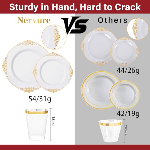 Nervure 350PCS Gold Plastic Plates - Gold Plastic Dinnerware Sets for 50 Guests - 100 Disposable Plates, 150 Silverware, 50 Cups, 50 Napkins for Wedding & Party & Mothers Day - color: Gold