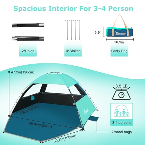 COMMOUDS Beach Tent Sun Shade for 3/4/6/8 Person, UPF 50+ Beach Sun Shelter Canopy Tent, Lightweight, Easy Set Up and Carry - color: Turquoise with Dark Shelter, size: 3 Person