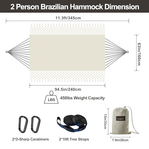 CHULIM Brazilian Double Hammock with Tree Straps,Extra Large 94x63IN,2 Persons Hammock for Backyard Patio Outdoor Indoor,450lbs Weight Capacity,Soft Woven Cotton Fabric - Natrual White with Tassels - color: Natrual White With Tassels