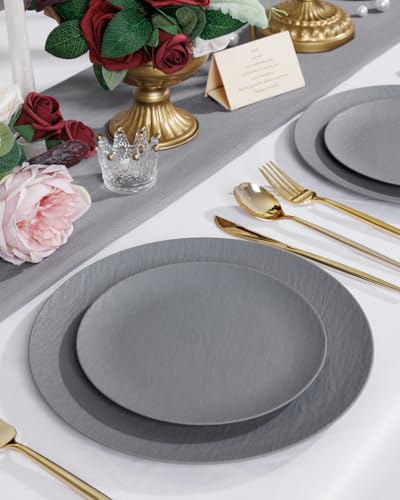 WONDERFUL 32pcs Dark Grey Plastic Plates Reusable Plates Unbreakable and Dishwasher safe Dishes Set Outdoor Plate Includes:16 Dinner 10" & 16 Dessert Plate 7.3" Suitable for Camping Outdoor Party - color: Dark Drey