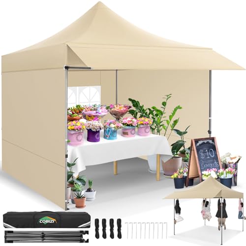 COBIZI 10x20 Pop up Heavy Duty Canopy Tent, Commercial Instant Canopies with Sturdy Awning, Outdoor Canopies for Market, Event, Khaki - color: Khaki, size: 10x10FT with 3 Sidewalls & 1 Awning Cloth