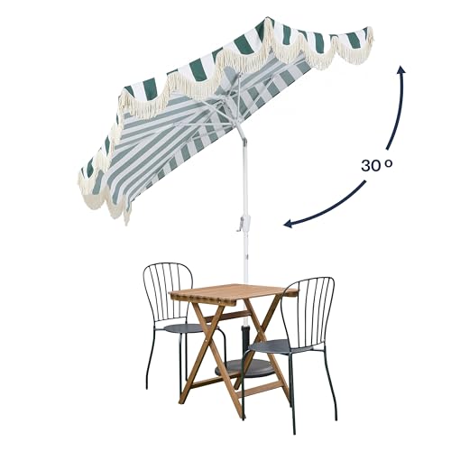 JONATHAN Y Half Umbrella UMB1201L Beverly 9 ft. Designer Classic Scalloped Fringe Market Patio with Crank, Tilt Button and UV Protection in Green/White, White Pole - color: Green/White - White Pole