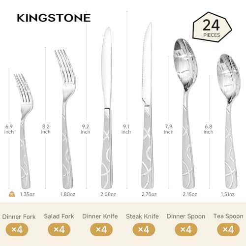 HIKAA 24PCS Stainless Steel Silverware Set with Steak Knives, Modern Flatware Set for Kitchen, Mirror Polished Cutlery Set with Forks, Spoons and Knives，Dishwasher Safe - size: 24-piece