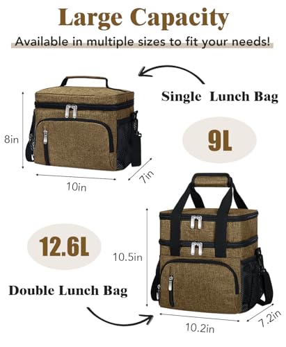Insulated Lunch Bag for Men & Women, Double Leakproof Lunch Box Soft Cooler Tote with 5 Pockets, 600D Oxford, EVA Lining, Adjustable Strap for Work, Picnic, Beach&Travel-Coffee - color: Coffee, size: Double