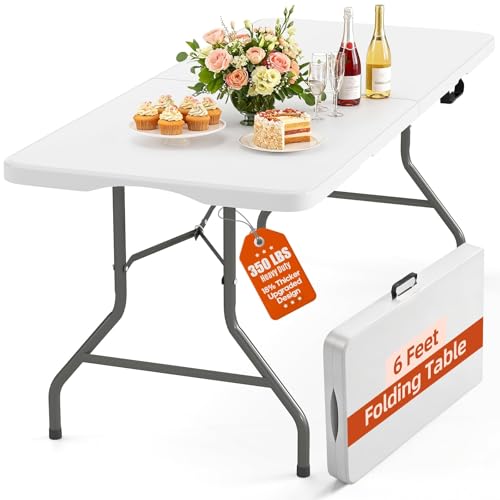 Folding Table 6FT Heavy Duty Portable Fold in Half with Handle 350lbs Capacity Thicker HDPE Waterproof Top Steel Frame with Locking Legs for Indoor Outdoor Camping Party Events - color: White, size: 6FT