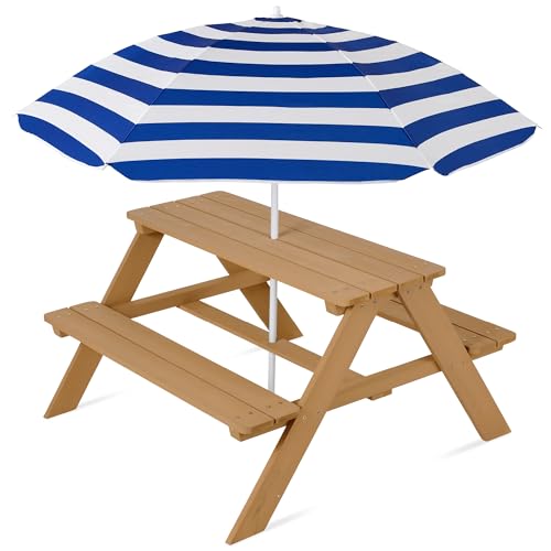 Best Choice Products Wooden Kids Picnic Table with Umbrella, Outdoor Activity Table Set with Built-in Benches, 220 lb Capacity per Bench - Natural/Navy - color: Natural/Navy