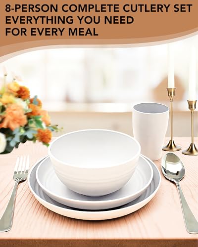 48 Piece Plates and Bowls Sets for 8- Unbreakable Wheat Straw Dinnerware Sets Includes Stainless Steel Forks for Picnic Camping Outdoor Kitchen and Apartment Dinning RV Essentials-White - color: White, size: 48PCS