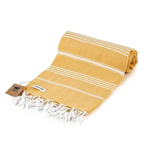 100% Organic Turkish Cotton Beach and Bath Towel, Peshtemal Towel Blanket, Quick Dry Sand Free, Oversized Light Compact, Diamond Weave, Prewashed, 71 x 39 Inches (Yellow) - color: Yellow