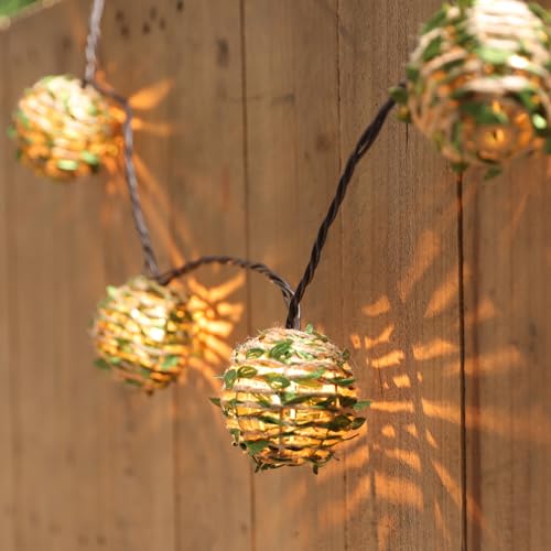 Decorative Lantern String Lights, Outdoor Plug in Hanging Lights with 10 Natural Hemp Rope Leaf Balls, Connectable Weatherproof Patio Globe Boho String Lights for Home Pergola Porch Party Backyard - style: Hemp Rope with Green Leaf Balls