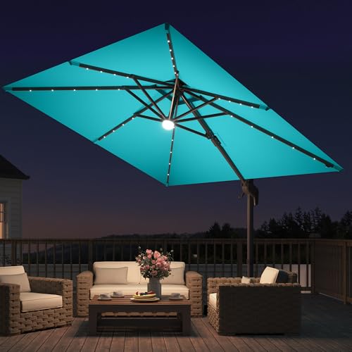 JZAC & QZYD 9x9 FT Outdoor Cantilever Patio Umbrella with Base Included and Solar LED Lights, Large Heavy Duty 2-Tier Square Aluminum Offset Umbrellas with 360-Degree Rotation for Pool Deck, Turquoise - color: Turquoise, size: 9'×9' - Weighted Base Includ