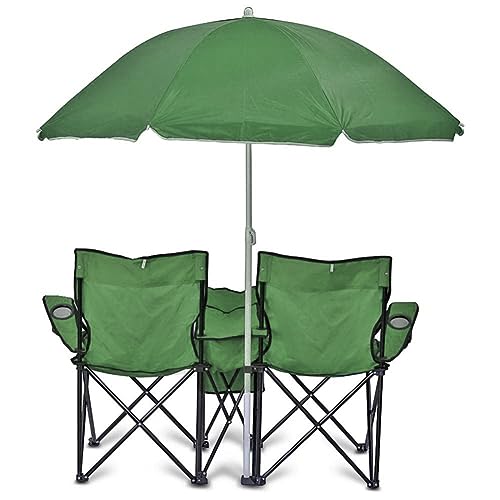 GoTEAM! Portable 2-Seat Folding Camp Chair with Cooler, Umbrella & Cup Holders – Outdoor Picnic, Beach, or Tailgate Seating – Carry Case Included - color: Green