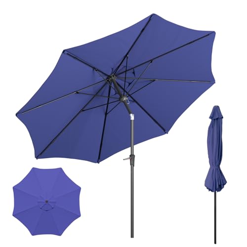 Outdoor Patio Umbrella with One Push Button Tilt and Crank, 8 Sturdy Ribs Market Table Umbrella - color: Blue-Fiberglass Ribs, size: 9FT