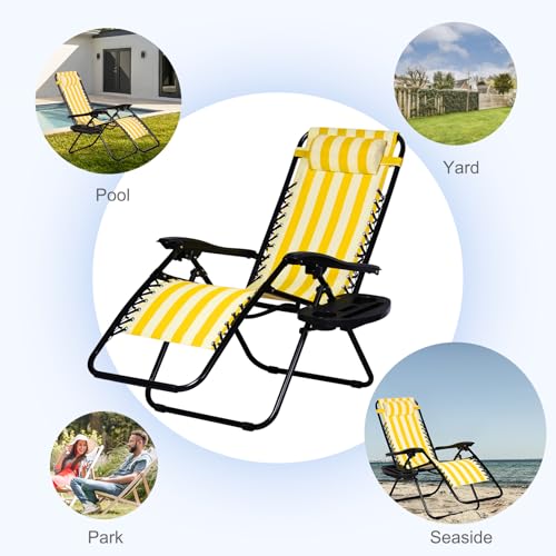 Nazhura Set of 2 Relaxing Recliners Patio Chairs Adjustable Steel Mesh Zero Gravity Lounge Chair Beach Chairs with Pillow and Cup Holder (Yellow Stripe) - color: Yellow Stripe