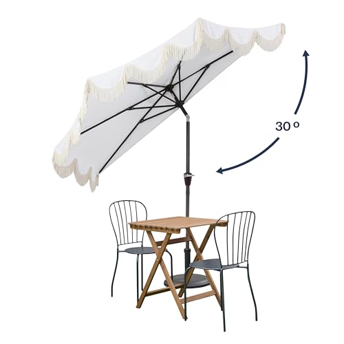 JONATHAN Y Half Umbrella UMB1201D Beverly 9 ft. Designer Classic Scalloped Fringe Market Patio with Crank, Push Button Tilt and UV Protection in Cream/White - color: Cream/White
