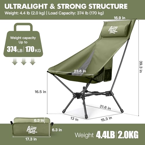 AuroraTrail High Back Folding Camping Chair with Pillow – Lightweight Portable Outdoor Chair with Cup Holder & Carry Bag, Sturdy Aluminum Frame Supports up to 374 lb for Camping, Hiking & Festivals - color: Green