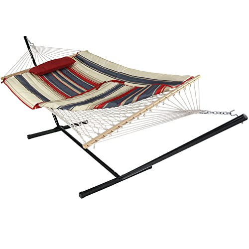 Sunnydaze Rope Hammock with Stand for Outside - Heavy Duty Freestanding Portable Outdoor Hammock Set with Quilted Pad, Pillow, and 12-Foot Steel Frame - 275 lb Capacity - Modern Lines - color: Modern Lines