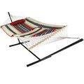 Sunnydaze Rope Hammock with Stand for Outside - Heavy Duty Freestanding Portable Outdoor Hammock Set with Quilted Pad, Pillow, and 12-Foot Steel Frame - 275 lb Capacity - Modern Lines - color: Modern Lines