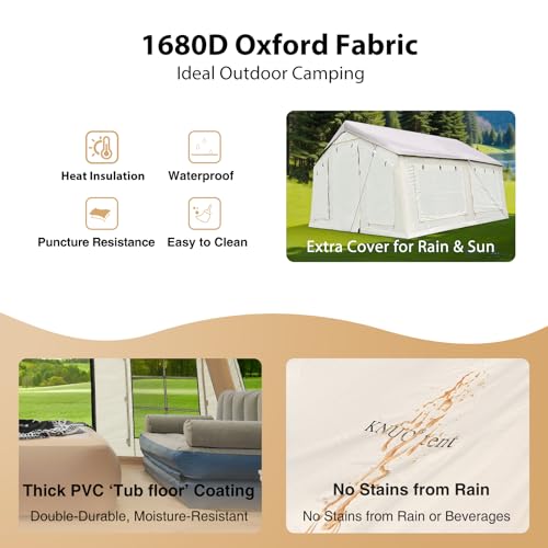 KNUO Inflatable Camping Tent, Large Blow-Up Air Tent, No Assembly Needed Luxury Glamping House, Oxford Fabric - color: Light Beige-Dual-layer Doors, size: 12x12ft