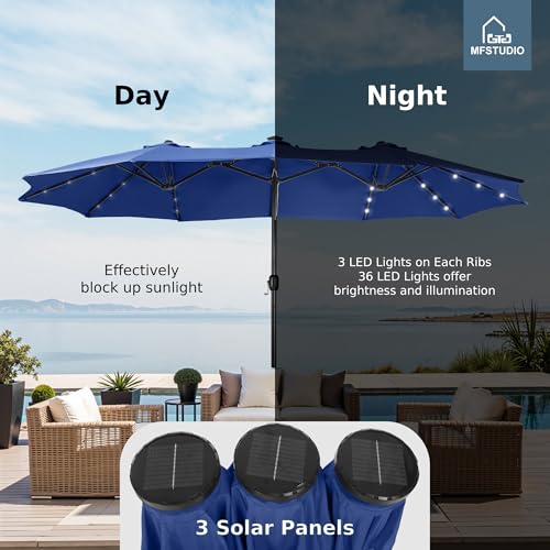 MFSTUDIO 15ft Double Sided Patio Umbrella with Solar Lights, Outdoor Large Umbrellas with Crank Handle and 36 LED Lights, Rectangular Market Umbrella with Base Included for Deck Pool Shade, Haze Blue - color: Haze Blue