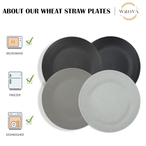 Wrova Wheat Straw Dinner Plates 10 Inch Unbreakable Set of 8 - Dishwasher & Microwave Safe Plastic Plates Reusable - Lightweight Plates for kitchen,camping,salad - Black to Grey - color: Black/Deep Gray/Gray, size: 10 inch