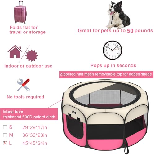 Portable Pet Puppy Dog Cat Playpen, 8-Panel Indoor/Outdoor Puppy Pen with Shade Cover & Travel Bag - Waterproof Dog Cat Tent - color: Pink, style: Large(45"x45"x24" with free bonus)