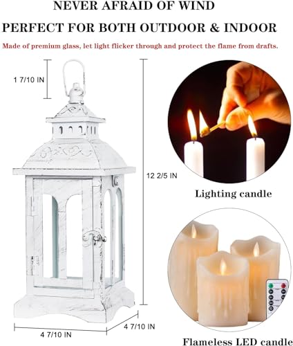 Lanterns Decorative Indoor & Outdoor, Medium Hanging Home Decor, Vintage Metal Decorative Candle Lanterns for Outdoor Patio Wedding Party White with Black Brush - color: White |||