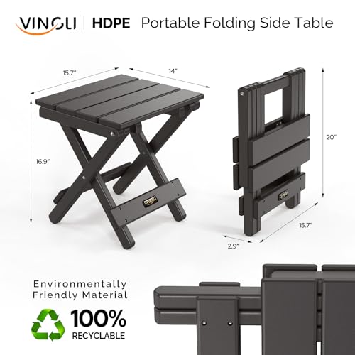 VINGLI Small HDPE Folding Side Table, Plastic Waterproof Portable Adirondack Coffee End Tables, All Weather for Patio, Backyard, Pool, Indoor Use, Slats Style, Black