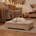 Elevated Wooden Dog Bed with Supportive Cushion & Washable Cover, Sturdy Noise-Free Frame, Modern Furniture-Style Design for Indoor Living Spaces, S Size for Small Dogs, Natural Wood Finish - size: S_weight Up to 40 Lbs