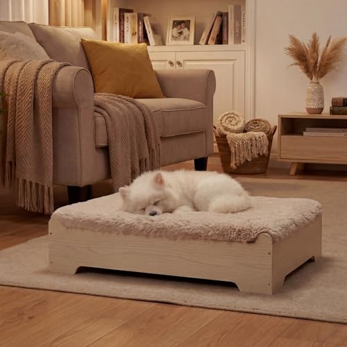 Elevated Wooden Dog Bed with Supportive Cushion & Washable Cover, Sturdy Noise-Free Frame, Modern Furniture-Style Design for Indoor Living Spaces, S Size for Small Dogs, Natural Wood Finish - size: S_weight Up to 40 Lbs